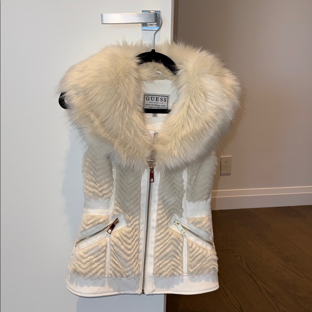 Guess Ivory Faux Fur Hooded Vest